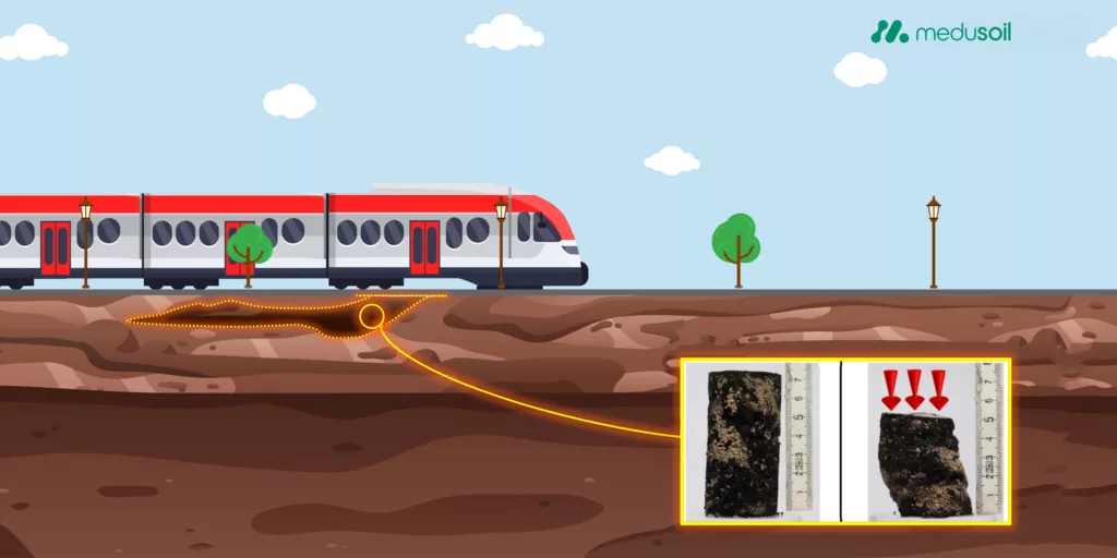 Illustration of a train on a railway embankment showing underground peat layers treated by biocementation infiltration, with soil samples before and after treatment indicating increased strength and reduced deformation.