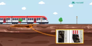 Illustration of a train on a railway embankment showing underground peat layers treated by biocementation infiltration, with soil samples before and after treatment indicating increased strength and reduced deformation.