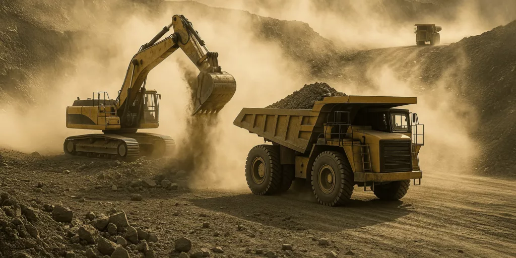 Photographie d'un chantier minier. Deux véhicules
