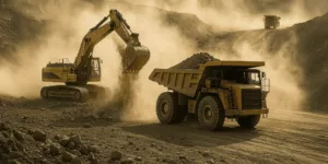 Photographie d'un chantier minier. Deux véhicules