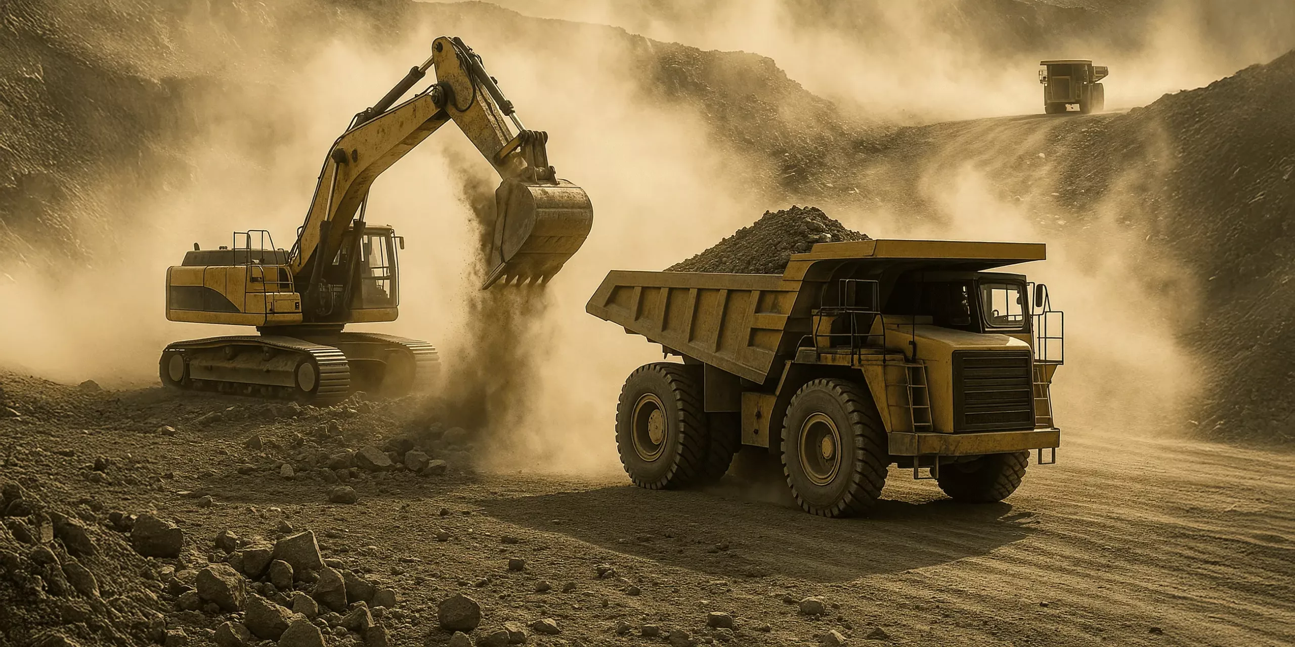 Photographie d'un chantier minier. Deux véhicules